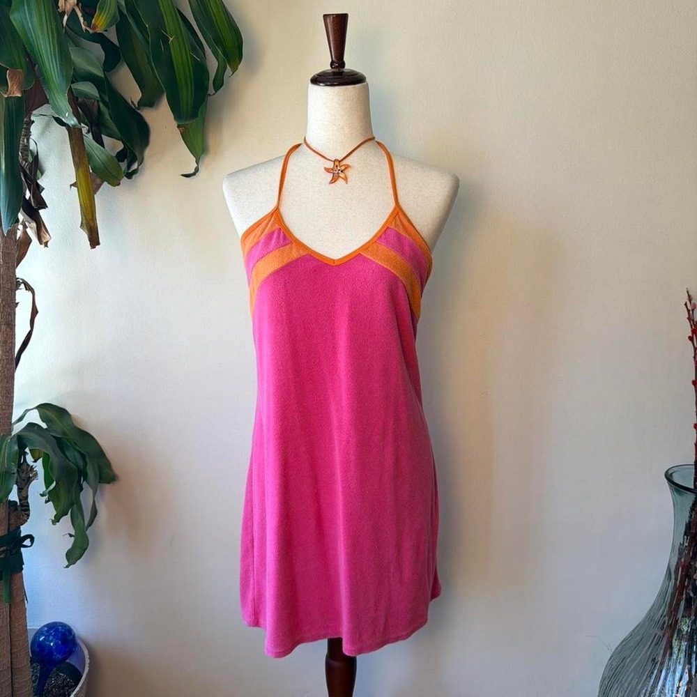 Y2K Terrycloth Pink Orange Halter Mini Dress Beach Coverup Colorblock Large